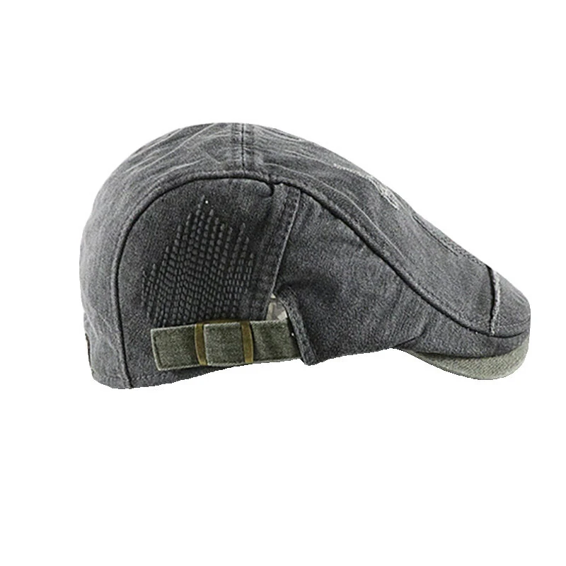 (image for) Collrown Denim Beret Hat Vintage Casual Flat Hat for Men Embroidery Patchwork Aged Peaked Cap Outdoor Retro Caps